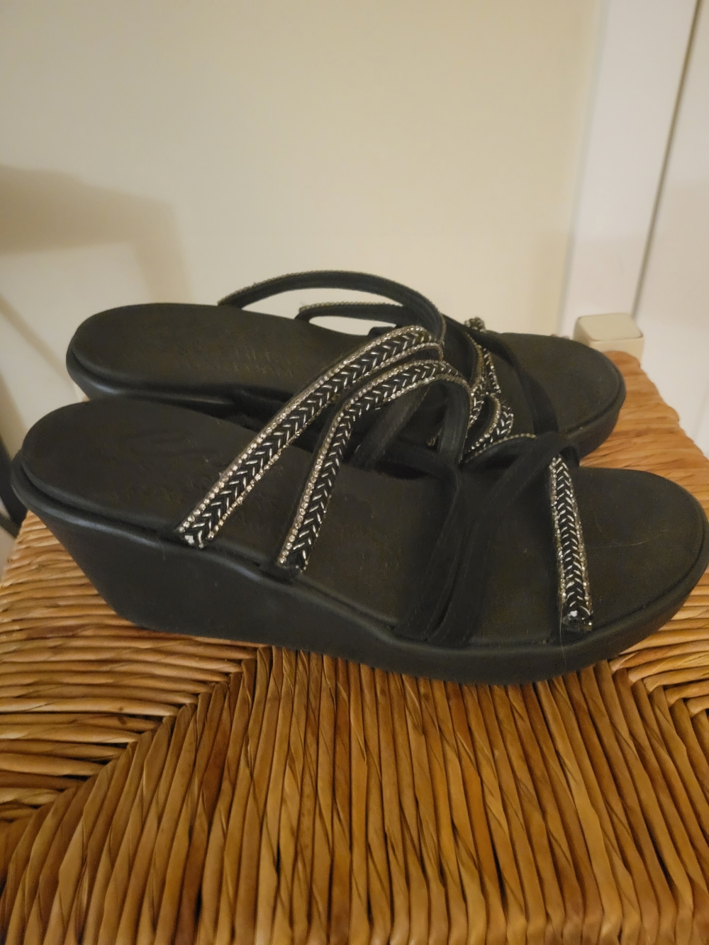 Skechers Black Wedge Sandals with Silver Accent Straps